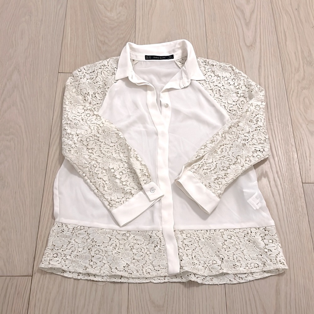 Zara Basic Cream Ivory Lace Chiffon Blouse XS